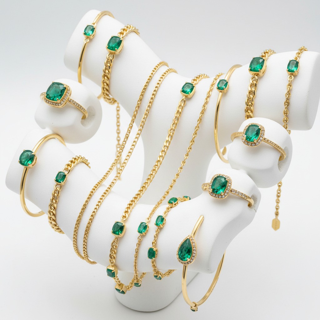 A collection of gold jewelry featuring emerald gemstones, including rings, bracelets, and necklaces, displayed on a white stand.