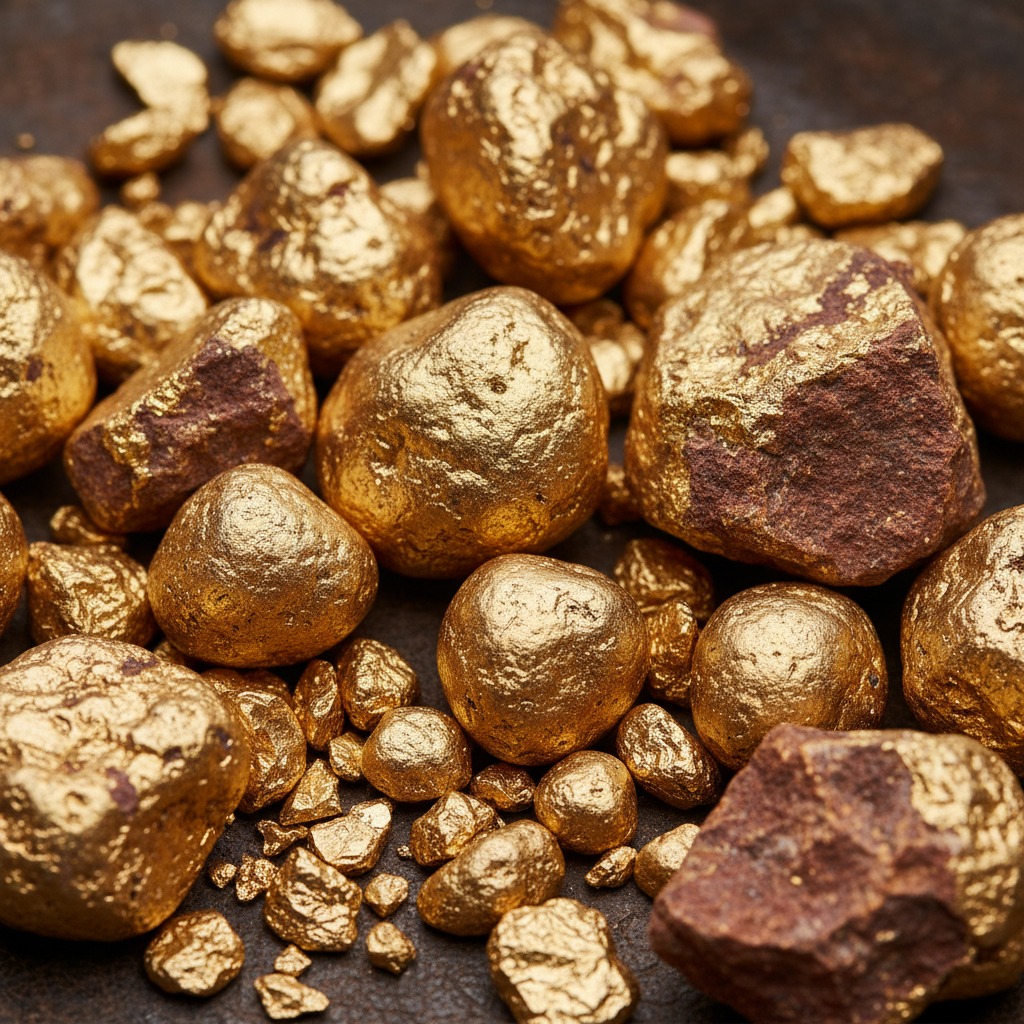 A collection of raw gold nuggets and ore fragments scattered on a dark surface.